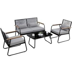 Conjunto de Muebles de Jardín de Mimbre Sintético <span class=keywords><strong>y</strong></span> Metal, Sofá <span class=keywords><strong>y</strong></span> <span class=keywords><strong>Sillones</strong></span>, Mesa de Centro con Tapa de Vidrio Templado <span class=keywords><strong>y</strong></span> Cojines Resistentes a la Intemperie - Product Image 1