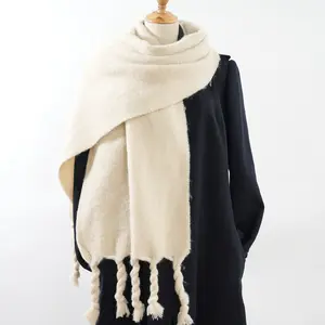 Factory direct sales solid color cashmere thickened plush warm hand-knotted tassel windproof versatile soft waxy scarf