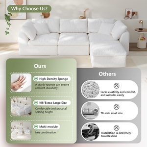 Sofá Seccional Cuadrado Extra Grande de Tres Plazas, Estilo Escandinavo, en Tela Chenille Color Blanco Hueso, para Apartamentos y Villas - Product Image 5