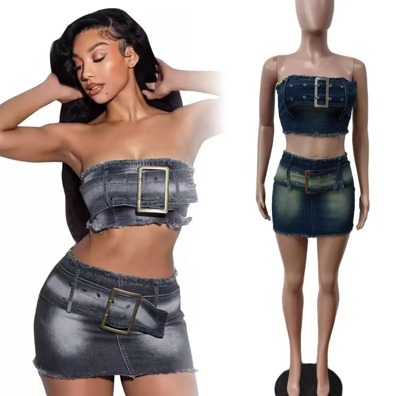 Y2K Denim Damenmode 2-teiliges Set riemenloser Gürtel sexy Schlauch-Oberteil Reißverschluss Knopf Miniropf 2024 Sommer Outfit