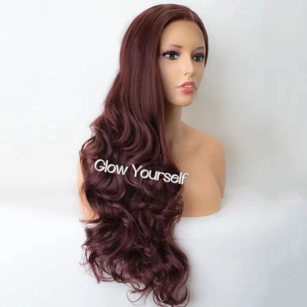 Оптовая продажа, синтетические парики на фронтальной сетке, термостойкие волокна 99J, бордовые натуральные длинные вьющиеся волнистые синтетические волосы, парик для женщин
