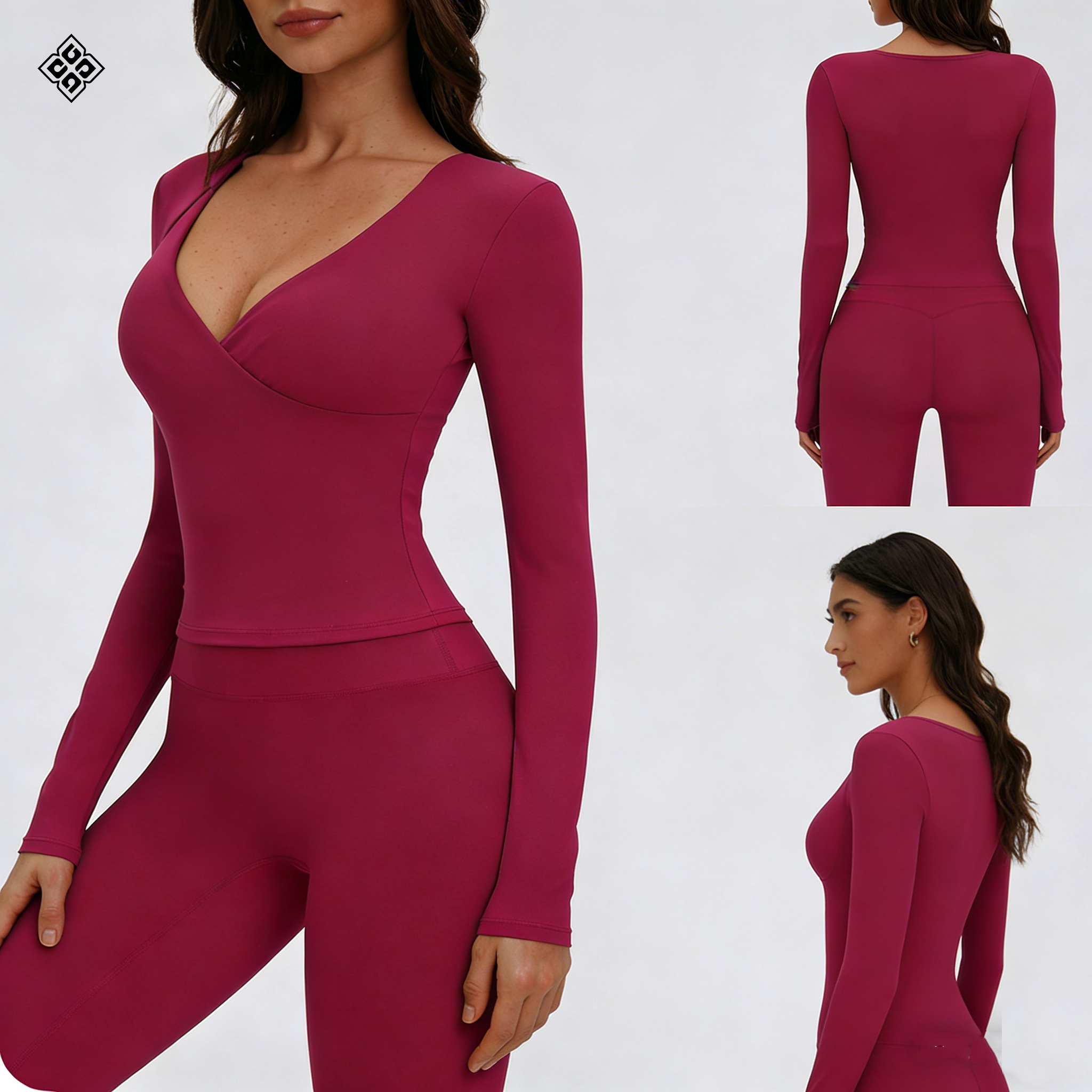 A Long-sleeved V-neck Yoga Pilates Training Suit Worn Over a Running Fitness T-shirt for Women