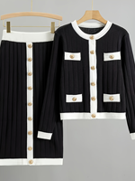 Nouvelle Robe d'été décontractée pour femme, imprimée, respirante, style petite fragrance, avec boutons contrastants, ensemble jupe tricotée deux pièces