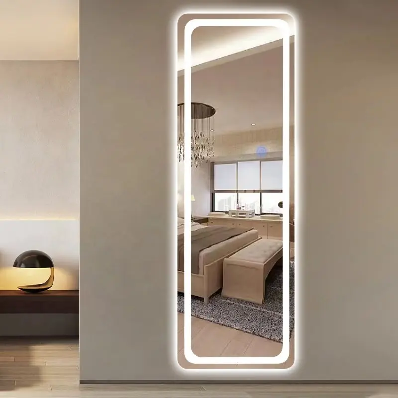 กระจก LED แบบแขวนติดผนังสำหรับห้องน้ำห้องนอนกระจกเต็มชั้นแบบอัจฉริยะไฟ LED หรูหรา