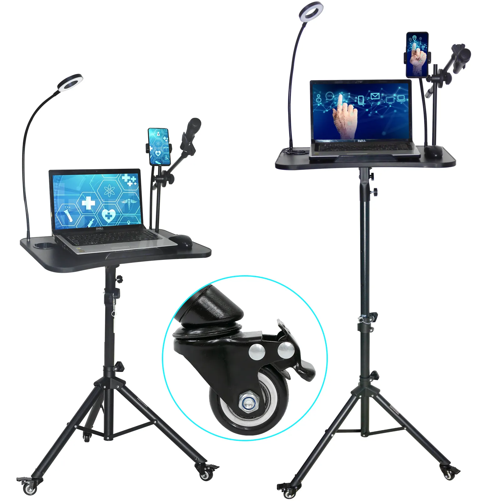 Suporte tripé com 3 seções para laptop, suporte para câmera projetora, com bandeja dobrável e suporte para celular, mostrador ao vivo