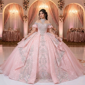 Xs311 Modern Floral Print Appliques Crystal Choker Sweetheart Beaded Pearl <b>Lace</b> Floor-Length Ball Gown Quinceanera <b>Pink</b> Sweet 16 - Product Image 1