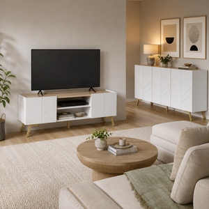 Meuble TV moderne blanc brillant avec finition imitation bois et pieds en métal doré pour salon - Product Image 6