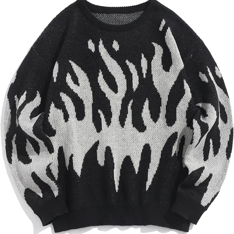 Custom Men Crewneck Oversized Sweaters Jacquard Aesthetic Flame Graphic Knitted Casual Pullover Long Sleeve Jumpers Sweater