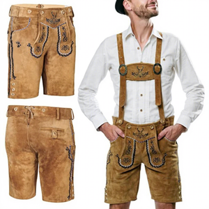 Golden Weather Unisex Traditional Bavarian Lederhosen Embroidery Mid Waist Suspenders Short Pants Casual Spring Wear - Product Image 1
