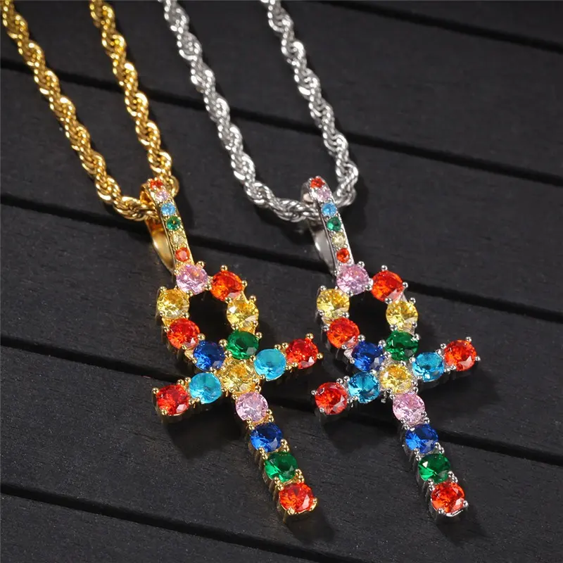 Hiphop Brass Bling Bling Nhiều Màu CZ Pha Lê Đá Ankh Charms Pendant Necklace Trang Sức