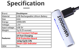 Batterie Ricaricabili USB Doublepow AA/AAA Tipo-C 1.5V 1000mWh - Product Image 4