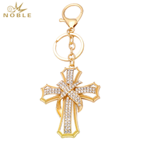 Porte-clés croix en alliage de zinc noble, design nœud papillon avec strass transparents, pendentif religieux, breloque de sac bicolore argent et or