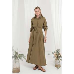 Robe pour femme avec ceinture et détails boutonnés, col mandarin - 20688ELB - KHAKI - Product Image 3