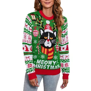 Funny Ugly Christmas Sweater Cat Knitted Pullover Christmas Sweaters For Women