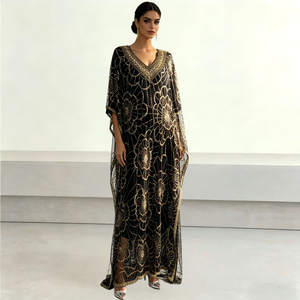 <span class=keywords><strong>Robe</strong></span> Kaftan Florale Dorée de Luxe Brodée à la Main, Col en V, Manches Chauve-Souris, Abaya Musulmane, <span class=keywords><strong>Robe</strong></span> Longue de Soirée pour Invitée de Mariage - Product Image 1