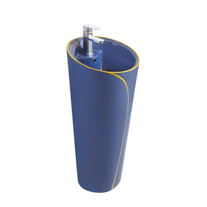 Lavabo moderne autoportant monobloc rond en céramique sur pied pour lavage des mains pour hôtel - Product Image 5