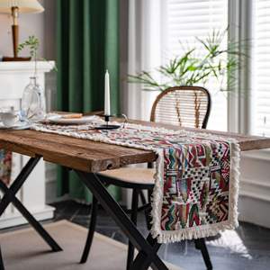 American Fringe Tabke Runenr Décoration Jacquard Rayé <span class=keywords><strong>Lin</strong></span> Style Rustique <span class=keywords><strong>Chemin</strong></span> <span class=keywords><strong>de</strong></span> <span class=keywords><strong>Table</strong></span> pour Dîner Fête Vacances - Product Image 5
