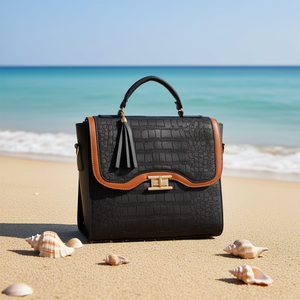 Bolso de Mano de Cuero PU de Lujo para Mujer Fana Belen, Negro con Estampado de Cocodrilo M3820, Bolso de Playa Impermeable con Cierre Abierto y Decoración de Borlas - Product Image 2