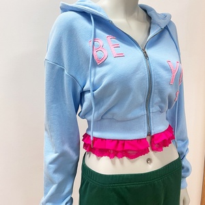 Women High Quality Distress Embroidery Patch <b>Zip</b> <b>up</b> Hoodie Casual Wear Custom <b>Crop</b> Lace Pullover Hoodies Sweatshirt - Product Image 2