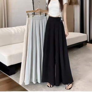 Nuevos Pantalones Anchos de Pierna Larga para Dama de Cintura Alta Plisados Color Sólido Verano Finos Casuales Formales - Product Image 1