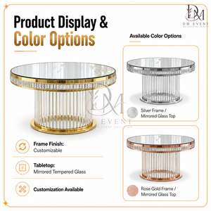 Table de banquet de mariage ronde sur mesure en acier inoxydable doré avec base à franges de cristal et plateau en verre trempé miroir - Product Image 4