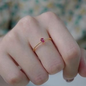 Xinfly 18K Pure Gold Solitaire <b>Ring</b> <b>Dainty</b> Luxury Feminine Ruby Classic Style Oval Cut with Geometric Pattern and Twist Shank - Product Image 5
