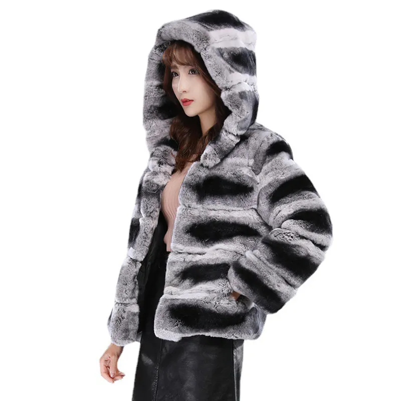 Curto design mulheres chinchila coelho pele jaquetas real rex rabbit fur coat com capuz