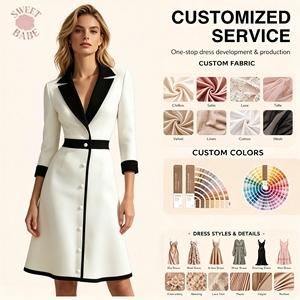 Nuevo Vestido Formal Midi de Mujer, Estilo Blazer, Color Negro y Blanco, Cintura Alta, Corte Entallado, Manga 3/4, Línea A, Servicio Personalizado - Product Image 1