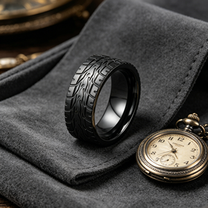 Bague en zirconium noir de 8 mm à motif de <span class=keywords><strong>bande</strong></span> de roulement pour homme, style punk, motard, alliance, cadeau de bijoux - Product Image 3