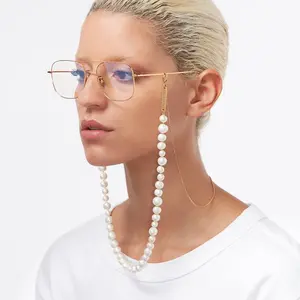 फ्रेंच विंटेज एकल पक्ष धातु नेमप्लेट सोने के लिए चश्मा श्रृंखला Eyewear धारक व्यक्तित्व दौर मोती मनके चेन चश्मा