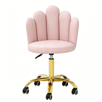 Chaise de coiffeuse pivotante rose à dossier en forme de pétales, réglable en hauteur, avec base et roulettes dorées pour salon de beauté et salle de maquillage par Luxmars