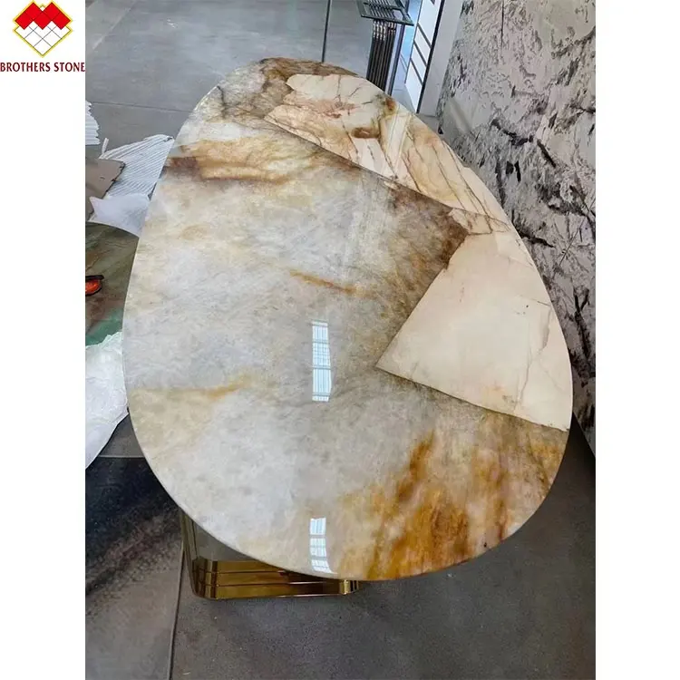 Backlit Patagoina Onyx Stone แพนโดร่า,โต๊ะคอนโซลด้านบนทำจากหินอ่อนนิลรูปทรงหยดน้ำโปร่งแสง