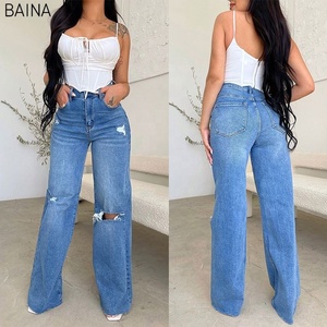 Pantalones <span class=keywords><strong>de</strong></span> pierna ancha sueltos informales con agujeros <span class=keywords><strong>rotos</strong></span> y cintura alta para <span class=keywords><strong>mujer</strong></span> al por mayor - Product Image 2
