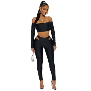 Ensemble deux pièces sexy : Crop top à manches longues et épaules dénudées avec empiècement transparent et pantalon slim – Idéal pour l'automne - Product Image 4
