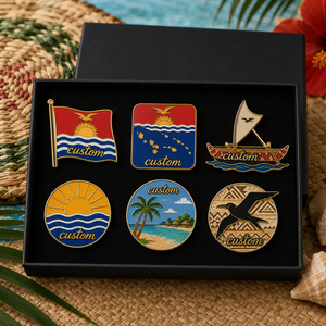 Lot de pin's en émail personnalisés Kiribati avec boîte cadeau, motifs Soleil, Vague, Drapeau, Canot à aubes, Pin's de revers, Souvenir touristique, Badge culturel, Coffret cadeau - Product Image 1