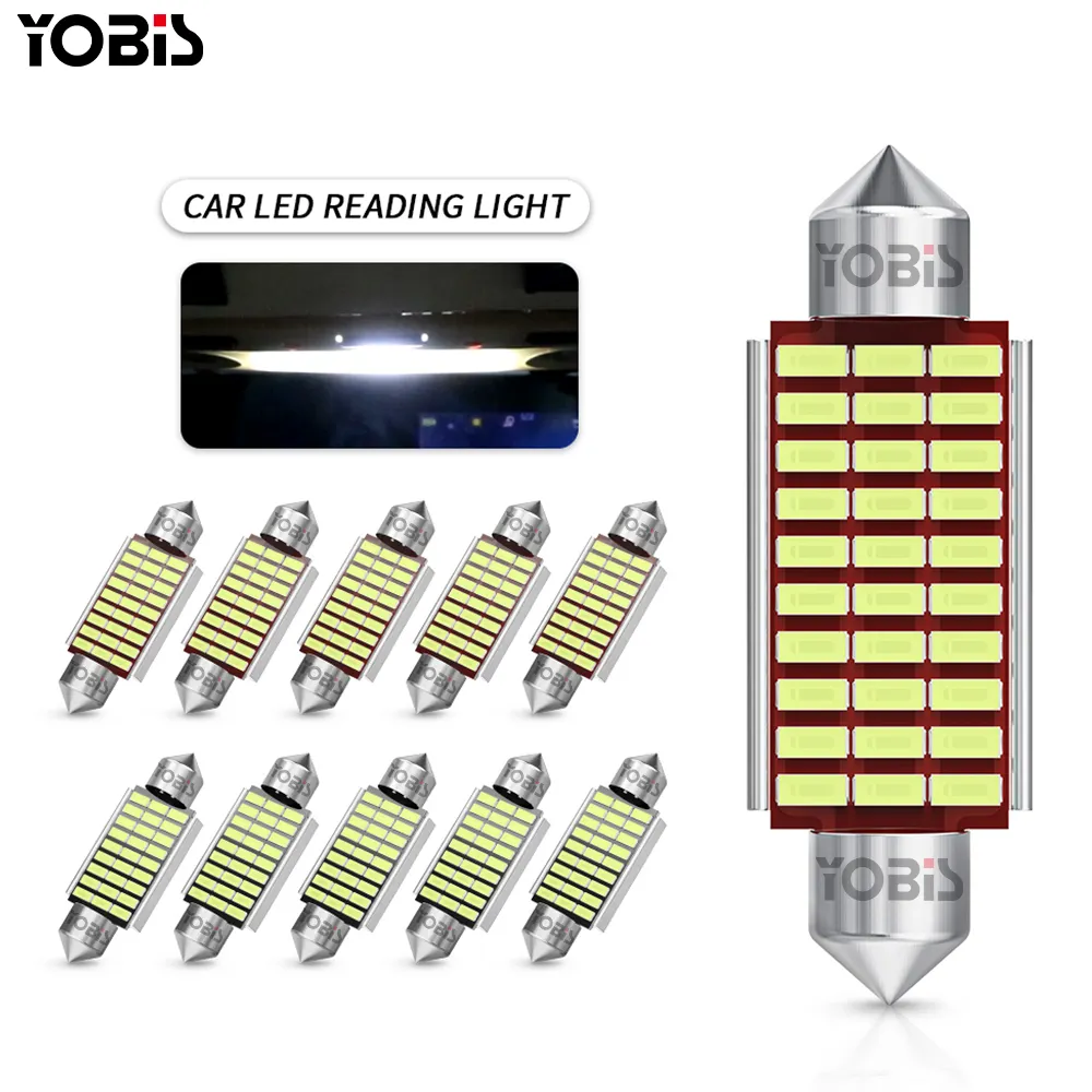 YOBIS bohlam hias Led otomatis, bohlam Led Interior putih 31mm 36mm 39mm 41mm 1,42 inci C5W 3014 Chip 6000k untuk lampu bagasi kubah peta mobil