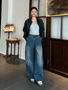 YUANBOFEI Jeans <span class=keywords><strong>de</strong></span> <span class=keywords><strong>Mujer</strong></span> <span class=keywords><strong>de</strong></span> Alta Calidad, Pantalones Anchos <span class=keywords><strong>de</strong></span> Cintura Alta con Pierna Curva, Vaqueros Vintage Azules para Uso Diario - Product Image 2