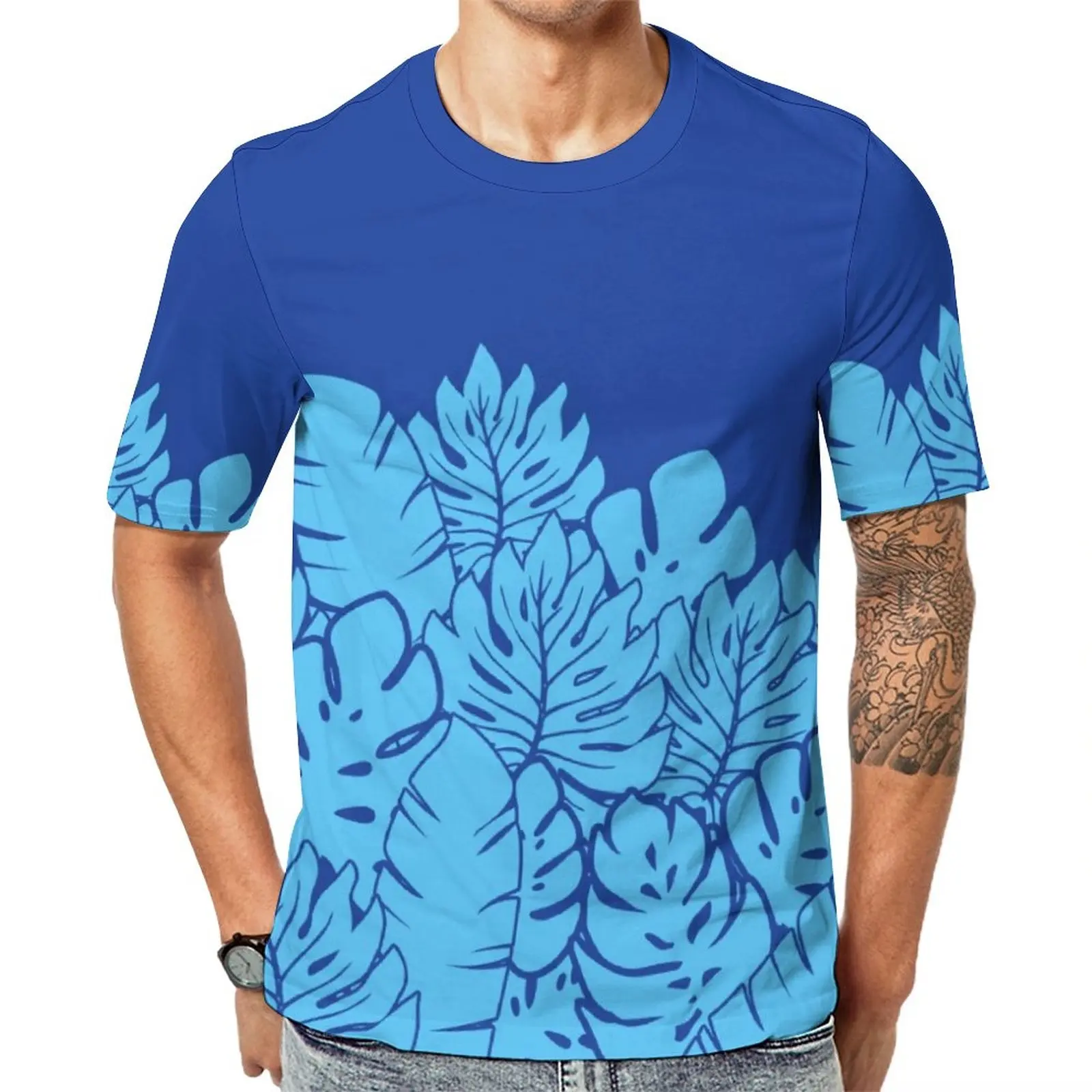 T-shirt manches courtes homme, estival, hawaïen, bleu marine, grande taille, design tribal, 2020