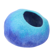 Niche pour chat Samyak XL en feutre, en laine mérinos, avec motif visage de chat, bleu dégradé rayé, pour intérieur, amovible, lavable, écologique