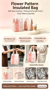 กระเป๋าเก็บความร้อนลายดอกไม้สำหรับใส่อาหารกลับบ้าน  กระเป๋าฟอยล์อะลูมิเนียมสำหรับส่งอาหารร้อน-เย็น พร้อมหูหิ้ว  ขายส่ง  กระเป๋าหิ้วลายดอกไม้แบบใช้ซ้ำได้ - Product Image 2
