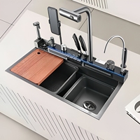 Grande évier de cuisine moderne fait main à cuve unique avec robinet, traitement de surface nano, en acier inoxydable 304, installation sur comptoir
