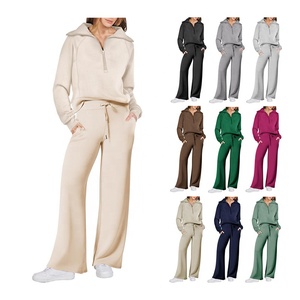 Conjunto de 2 piezas WINGTU con logotipo personalizado, suéter de manga larga con media cremallera para <span class=keywords><strong>mujer</strong></span>, conjunto de pantalones anchos de talla grande para <span class=keywords><strong>mujer</strong></span> - Product Image 1