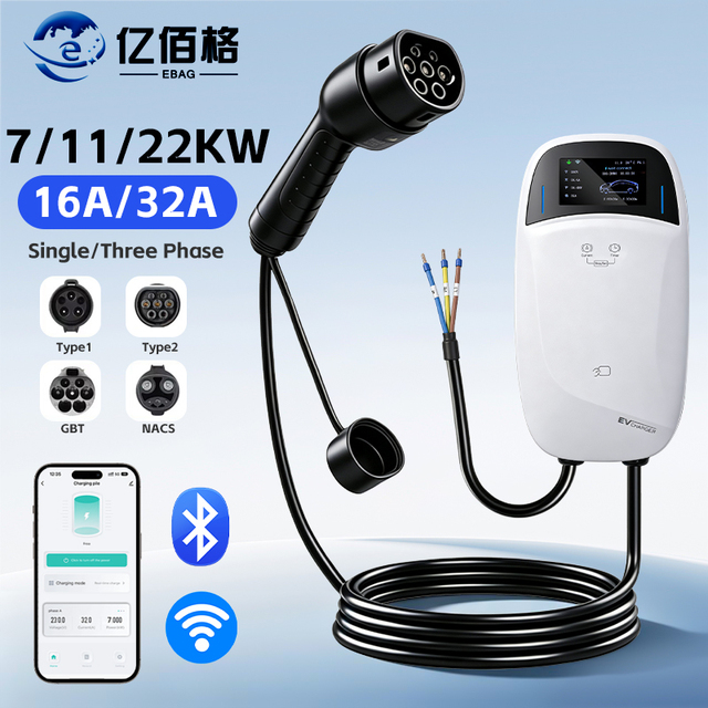 LCD Wallbox EV Charger 7/11/22kW RFID WiFi Screen Emergency Stop GB/T Home AC Electric Vehicle Charging Station