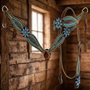 Ensemble d'attelage équestre Western Barkat Overseas Designer en cuir de vachette premium turquoise, cuir naturel souple, haute qualité - Product Image 2