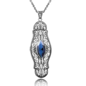 Factory Vintage Sterling Silver Pendants Necklace Jewelry Goth Women Gemstone Sapphire Stone Pendant Necklace
