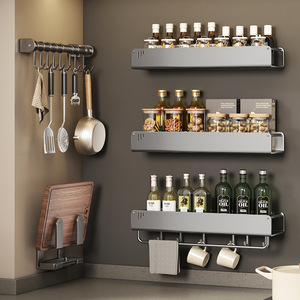Stainless Steel Wall Mounted Spice Rack With <b>Hooks</b> For <b>Kitchen</b> Oil Bottle Storage Rectangle Design Heavy Duty - Product Image 1