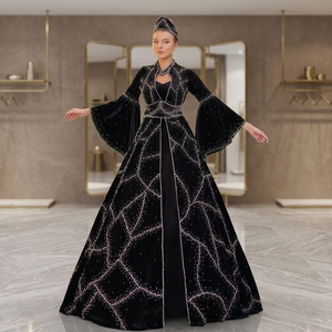 Elegant Black Satin Mermaid Ball Gown with <b>Sequined</b> Geometric Pattern High Neck Regular Sleeve Floor-Length Party Evening Dress - Product Image 3
