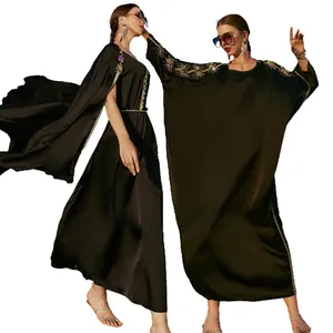 2226 Kuwii wholesale hand sewing drill fashion moroccan kaftan Satin dresses Black batwing dubai abaya women muslim caftan