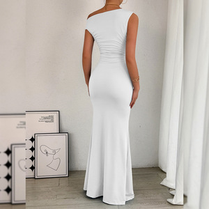 เดรสทรงตรงแบบถักโครเชต์สีพื้นเรียบหรู แขนกุด คอเฉียง จับจีบเอว สไตล์ทางการ สำหรับผู้หญิง ขายดีที่สุด - Product Image 6