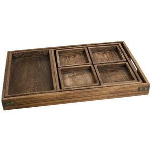 Bandeja de madera china con divisores para té, aperitivos, pasteles, multifuncional, apta para alimentos, diseño rectangular de 1 nivel - Product Image 1